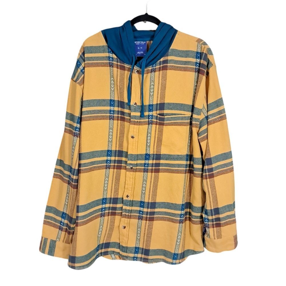 Without Walls‎ Hooded Flannel Overshirt Mens XL Yellow Heavyweight Shacket Plaid